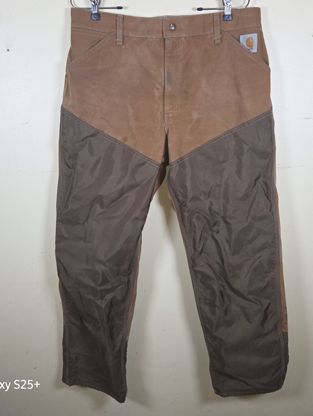 Vintage Carhartt duck hunting pants contrasting dark green nylon brush overlay